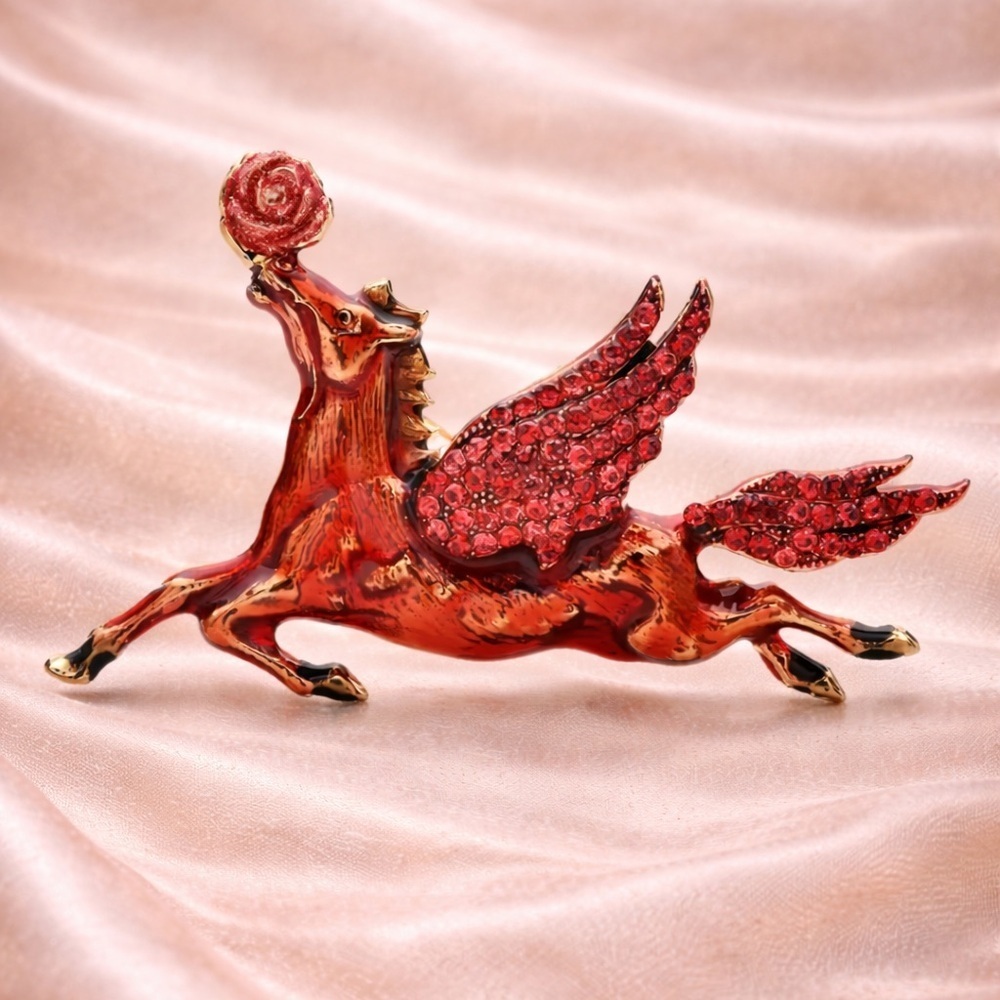 Red Angel Horse Pegasus Brooch with Rose Accent